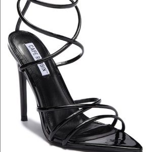 Black strappy pointed open toe heels